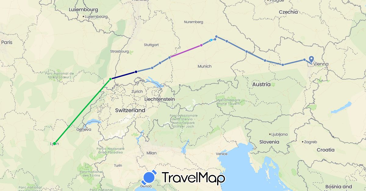 TravelMap itinerary: driving, bus, cycling, train, boat in Austria, Germany, France (Europe)